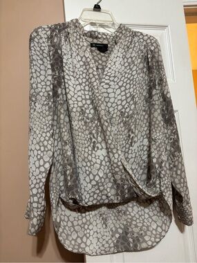 INC International Concepts Taupe and White Printed Surplice Blouse